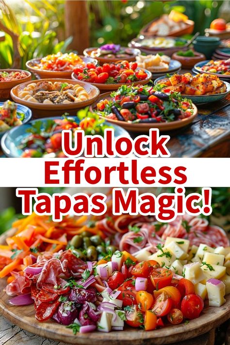 Colorful variety of tapas dishes displayed on a wooden table, perfect for an appetizer party. Holiday Tapas Party, Tapas Serving Ideas, Spanish Tapas Party Decorations, Simple Tapas Ideas, Tapas Food Ideas, Easy Tapas Ideas, Mexican Food Recipes Easy Party, Spanish Tapas Board, Tapas Menu Design