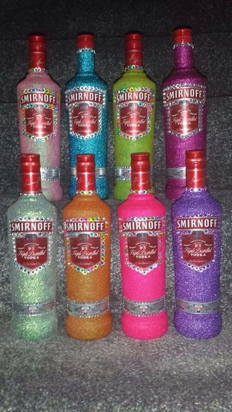 Diy Wine Bottle Crafts, Smirnoff Bottle, Alcohol Bottle Decorations, Glitter Alcohol, Bedazzled Liquor Bottles, Bedazzled Bottle, Alcohol Bottle Crafts, Decorated Liquor Bottles, Glitter Wine Bottles