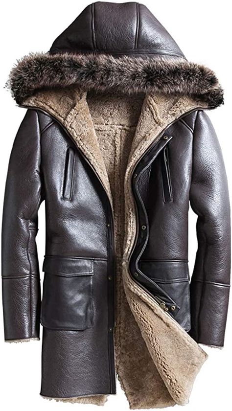 Mens Sheepskin Shearling Jacket Raccoon Fur Collar Fur Coat Hooded Leather Jacket Mens Long Trench Coat (Dark Brown, M) at Amazon Men’s Clothing store Leather Trench Coat Mens, Mens Shearling Coat, Hooded Leather Jacket, Shearling Leather Jacket, Vintage Style Jacket, Leather Jacket Mens, Leather Coat Jacket, Jacket Fur, Fur Leather Jacket