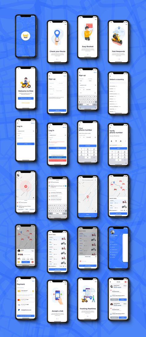 Hai Taxi – Bike Booking UI kit for Mobile App – The UI Kit is a high-quality pack designed for Booking a Bike Taxi project. This UI kit is included with 50+ screens for the iOS platform. Every screen layout is designed to be simple, elegant and modern. All layers are well-organized to accelerate your design process. This App is created using tools like Adobe XD, Sketch. The overall mobile app design provides its users seamless experience due to its flexibility and ease of use. Design Taxi, App Sketch, Fonts Website, Bus App, Ui Ux Design Trends, Ux Design Trends, Ux Design Principles, Mobile Ux, App Login