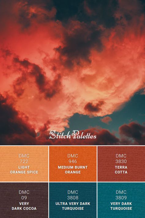 ⁣🎨 PALETTE ID: SPA0139⁣Floss color inspiration for cross stitch and embroidery projects.⁣🧵 Thread colors used 🧵⟼ DMC 722 / Light Orange Spice ⟼ DMC 946 / Medium Burnt Orange ⟼ DMC 3830 / Terra Cotta ⟼ DMC 09 / Very Dark Cocoa ⟼ DMC 3808 / Ultra Very Dark Turquoise ⟼ DMC 3809 / Very Dark turquoise Terracotta Orange Color Schemes, Terra Cotta Orange Color Palettes, Colors That Compliment Burnt Orange, Deep Blue And Orange Color Palette, Dark Turquoise And Burnt Orange Wedding, Burnt Orange Teal And Brown Living Room, Navy And Orange Palette, Burnt Orange And Turquoise Bedroom, Orange And Teal Bedroom Ideas