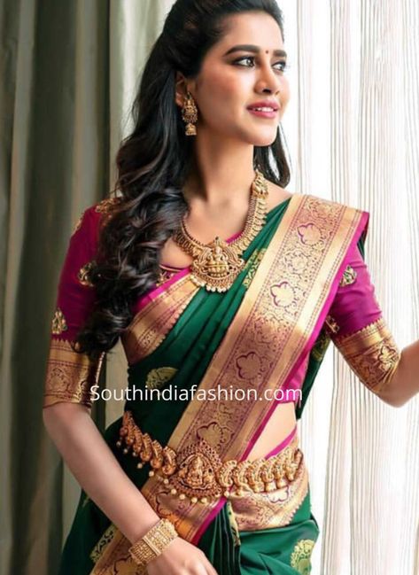 Hairstyle For Pattu Saree, Jewellery For Silk Saree, Green Saree Designs, Green Kanjeevaram Saree, Manish Malhotra Lehenga, Nabha Natesh, Orang India, Jewellery Photo, Indian Blouse Designs