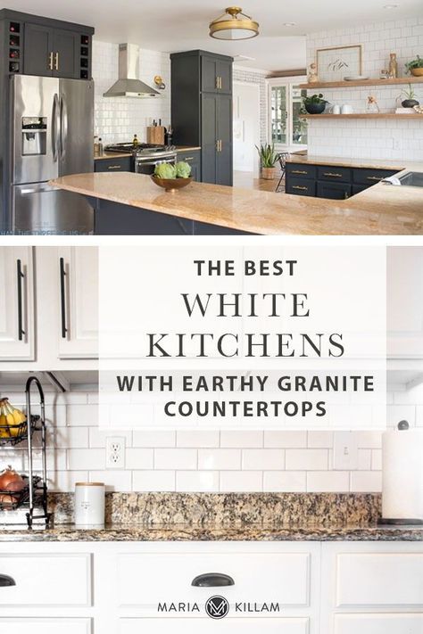 White Kitchen And White Countertops, Beige Kitchen Granite Countertops, Cabinet Colors With White Granite, Update Kitchen With Old Granite, How To Work With Dated Granite, How To Style Brown Granite Countertops, Kitchen With Beige Granite Countertops, Updated Kitchen With Granite Countertops, Crema Caramel Granite Kitchen