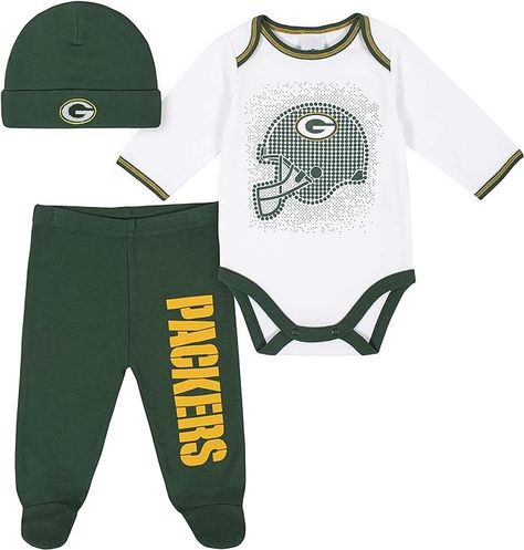 NFL baby boys Registry Gift Set 3 Pack BODYSUIT FOOTED PANT AND CAP, Team Color, 6-9M US Green Bay Packers Baby, Green Bay Packers Clothing, Packers Baby, Newborn Onesies, Baby Shower Fall, Hat Set, Little Outfits, Baby Pants, Front Bottoms