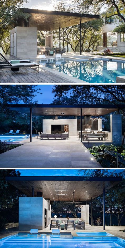 This modern steel, limestone, and wood outdoor pavilion has a living room, an outdoor kitchen with a bbq, and a dining area. #OutdoorLiving #OutdoorSpace #SwimmingPool Outdoor Bbq Area With Tv, Outdoor Tv Space, Modern Pool Landscaping, Outdoor Tv Area, Floating Canopy, Modern Outdoor Fireplace, Modern Canopy, Modern Pool House, Pool House Designs