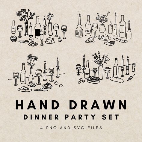 Elevate your creative projects with our exclusive set of Simple Doodle-Style Dinner Party Table Illustrations!  Perfect for adding a touch of whimsical charm to your designs, these hand-drawn, digital download illustrations feature a delightful dinner party table set in a cafe style, adorned with Italian food, wine bottles, glasses, candles, and floral vases. Bridal Shower Table Setting, Wedding Rehearsal Dinner, Hand Drawn Food and Beverage Images, Italian Dinner Party Drawings, Hand Drawn Drin Italian Dinner Party, Bridal Shower Tables, Hand Drawn Wedding, Dinner Party Table, Quirky Illustration, Dinner Table Setting, Bridal Shower Food, Wine Signs, Wine Decor