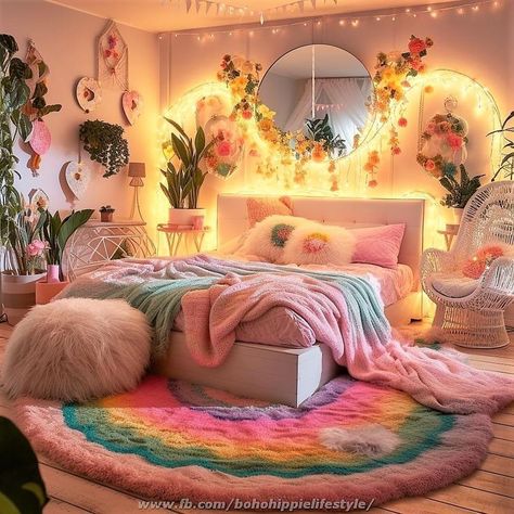 Elegant Boho Home Decor, Fun Diy House Decor, Retro 70s Bedroom Ideas, Plant Maximalist Decor, Maximalist Girls Bedroom, Colorful Bedroom Aesthetic, Funky Retro Bedroom, Y2k Maximalist, Korean Bedroom