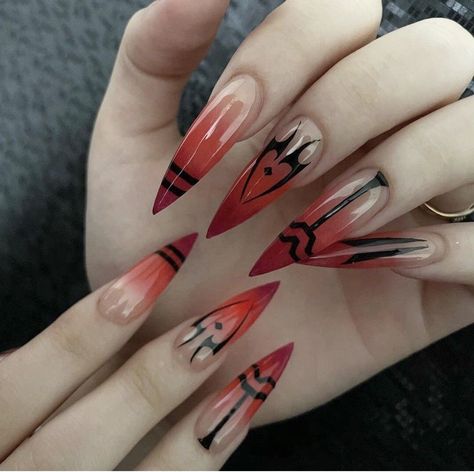 Nails Acrylic Anime Inspired, Sukuna Nails Acrylic, Astrology Nails Acrylic, Anime Nails Inspiration, Gel X Nail Art Designs, Sukuna Nail Ideas, Sukuna Inspired Nails, Anime Theme Nails, Anime Gel Nails