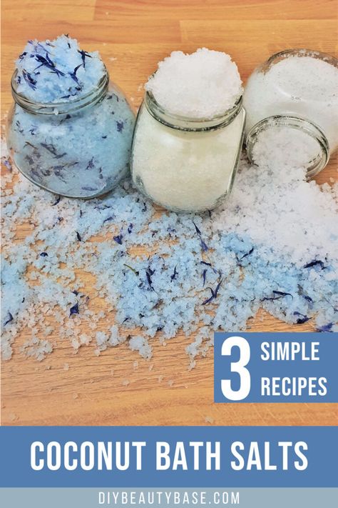 In this post I will show you how to make bath salts with coconut oil in 3 ways. I’ve prepared 2 simple coconut bath salts recipes that are very easy to make and one more advanced recipe with color and a solubilizer. #DIYbathsalts #bathsalts Coconut Bath Salts Diy, Diy Bath Salts With Essential Oils, Make Bath Salts, Bath Salts Diy Recipes, Coconut Oil Bath, Diy Bath Soak, Coconut Milk Bath Soak, Milk Bath Recipe, Bath Soak Recipe