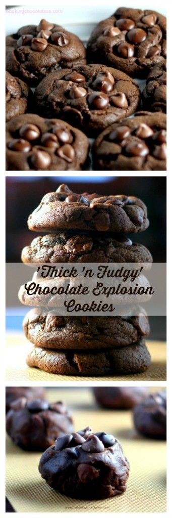 'Thick 'n Fudgy' Chocolate Explosion Cookies via @https://www.pinterest.com/BaknChocolaTess/ Milk Tart, Stuffed Pepper, Think Food, Tea Cakes, Cakepops, Cookie Desserts, Cookies Recipe, Yummy Cookies, Chocolate Cookies