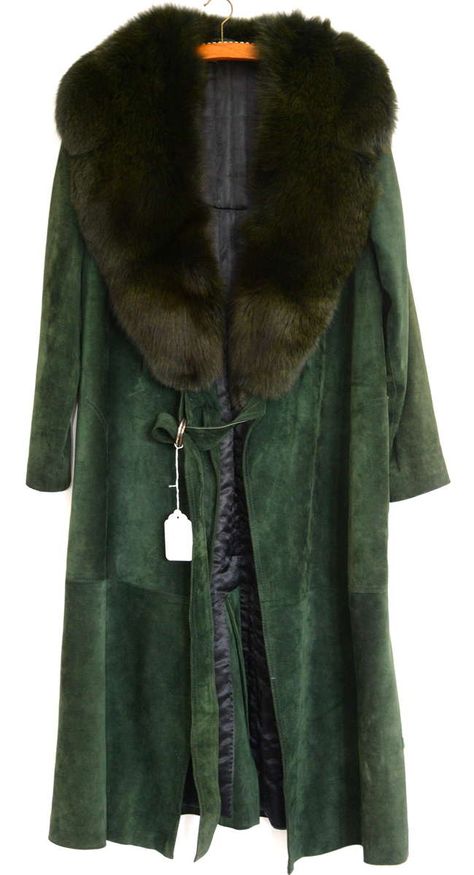 Loewe dark green long suede coat with fox fur collar Long Suede Coat, Dark Green Coat, Green Fur, Suede Coat, Green Coat, Green Suede, Christmas Carol, Fur Collars, Fur Collar