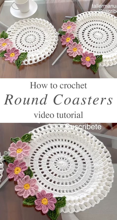 Crochet Round Coaster With A Floral Touch - CrochetBeja Round Table Crochet Patterns, Crochet Round Pattern, Crochet Interior, Crochet Flower Coaster, Crochet Cup Coaster, Coaster Tutorial, Coaster Patterns, Coasters Crochet, Crochet Flower Blanket