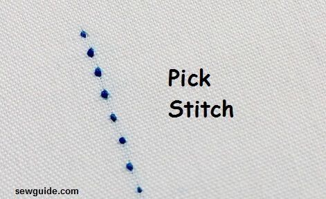 Pick Stitch is a widely spaced small back stitch. When done repeatedly it looks like a stitching line of small running stitches with a wider gap in Sewing Hems, Sewing Seams, Invisible Stitch, Pick Stitch, Sew Zipper, Hand Sewing Projects, Hem Stitch, Sewing Purses, Sewing Stitches