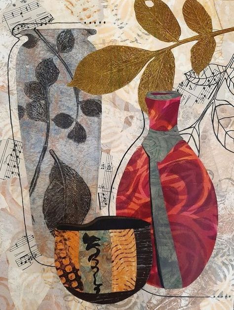 Collages | This is the second collage that I created | Facebook 100 Illustration, Still Life Collage, Primitive Flowers, Mixed Media Still Life, Botanical Studies, Extraordinary Ordinary, Leaf Quilts, Fabric Art Ideas, Still Life Abstract