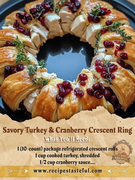 Tasteful Recipes Turkey And Cranberry Crescent Ring, Turkey Cranberry Crescent Ring, Turkey Cranberry Wreath, Usa Recipes, Roll Appetizers, Cranberry Wreath, Turkey And Cranberry, Crescent Roll Appetizers, Tasteful Recipes