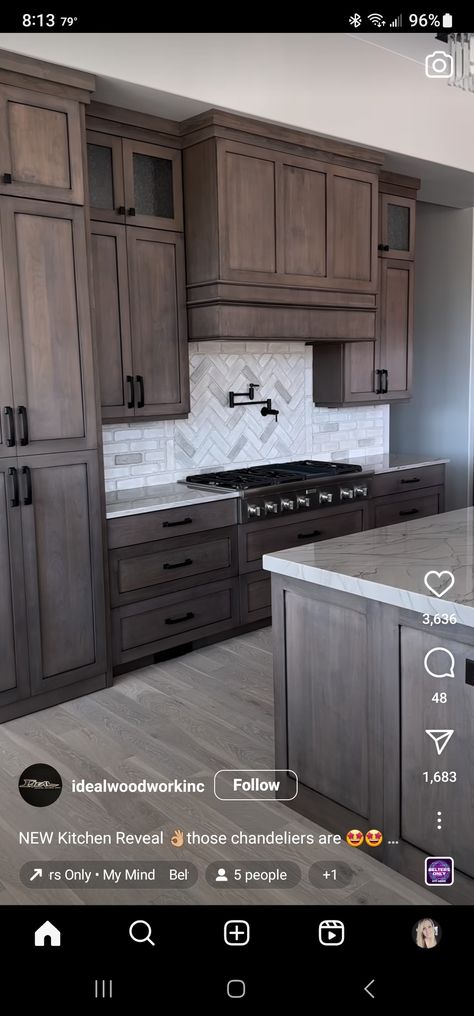 Stained Grey Kitchen Cabinets, Grey Wood Stain Cabinets, Ash Brown Cabinets Kitchen, Mocha Cabinets Kitchen, Dark Cabinets With Light Floors, New Build Kitchen Ideas, Gray Stained Kitchen Cabinets, Rubicon Interior, Barndo Kitchen