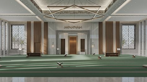 Main Hall of Masjid Al-Hikma: A Blend of Tradition and Modernity featuring fabulous marble, and elegant wood accents. Soft lighting highlights Islamic patterns and calligraphy, creating a serene and reflective space. - - - - - - #interiordesign #interiorinspo #interiordaily #interiorstyle #interiorinspiration #3dvisualization #designinspiration #design #designinterior #visualart #visualization #3dmax #modern #art #luxurylifestyle #luxury #islamic #architecture #masjed Masjid Interior Design Modern, Small Mosque Design Interior, Mosque Interior Design, Masjid Interior, Mihrab Masjid, Interior Masjid, Islamic Arch, Mosque Interior, Mosque Design Islamic Architecture