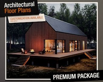 900 SF 2 Bedroom 1.5 Bath Modern Farmhouse Plan Pdfs & CAD Files - Etsy Thailand Charming Fireplace, Deck Dimensions, Integrated Kitchen, Black Roof, Prefab Cabins, Bedroom Barndominium, Cabin Exterior, Modern Barn House, Cabin House Plans