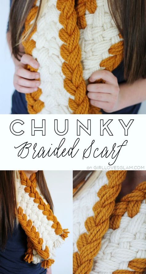 Chunky Braided Scarf Easy Tutorial on http://www.girllovesglam.com Princess Quiet Book, Finger Knit Scarf, Arm Knitting Scarf, Finger Crochet, Braided Scarf, Winter Crochet, Scarf Tutorial, Fabric Scarf, Scarf Yarn