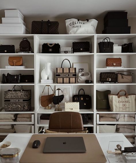 Cloffice Ideas, Alyssa Lenore, Lorna Luxe, House Redesign, Closet Office, Handbag Storage, Small Closet, Home Board, Apartment Decor Inspiration