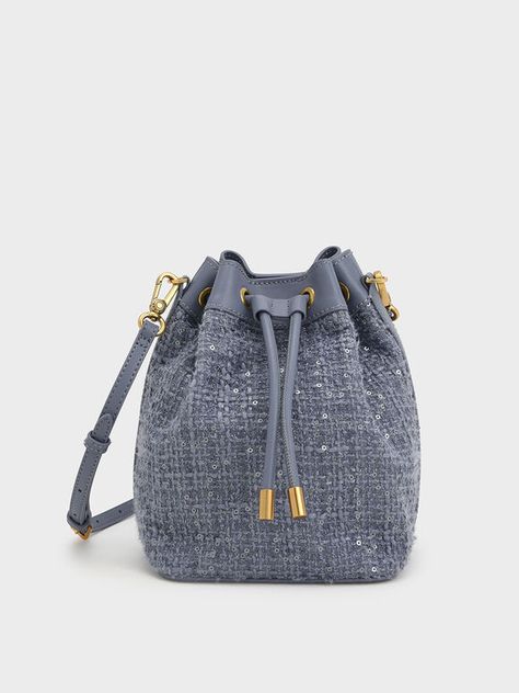 Tweed Drawstring Bucket Bag, Denim Blue, hi-res Broderie Anglaise Dress, Anglaise Dress, Tweed Bag, Diy Bags Patterns, Medium Sized Bags, Blue Tweed, Drawstring Bucket Bag, Charles Keith, Mary Jane Flats