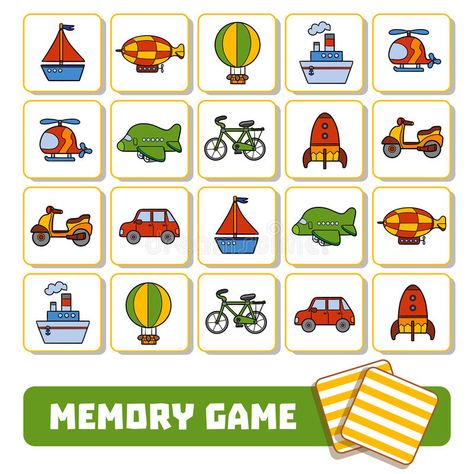 Memory game for children, cards with transport objects stock illustration Seasons Poem, Transportation Activities, Game Place, Kindergarden Activities, Memory Games For Kids, Preschool Games, Game Pictures, Matching Cards, Memory Games