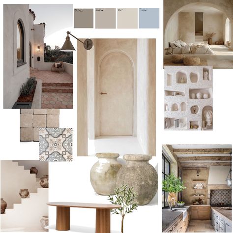 Beige Mediterranean Mediterranean Interior Mood Board, Mediterranean Moodboard Interior Design, Mediterranean Mood Board, Modern Mediterranean Exterior, Mediterranean Minimalist Interior, Mediterranean Revival Architecture, Mediterranean Living Rooms, Mediterranean Exterior, Mediterranean Interior Design