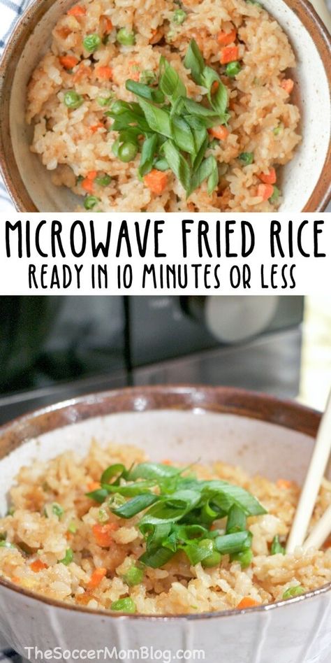 This microwave fried rice recipe is soft, fluffy, and ready in minutes -- it's a great easy side dish to make on busy evenings! Microwave Dinner, Delicious Fried Rice, I'm Not In The Mood, Rice In The Microwave, Weeknight Recipes, Not In The Mood, Leftover Rice, Easy Side Dish, Copycat Restaurant Recipes