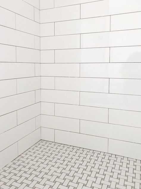 Love the subway tile and basketweave floor with more of a gray vs a black. Too much for whole bath floor? Maybe just shower floor and insets? Basketweave Tile Bathroom, Basketweave Tile Floor, Beach House Bathrooms, White Subway Tile Shower, Subway Tile Showers, Beach House Bathroom, Subway Tiles Bathroom, House Bathrooms, Young House