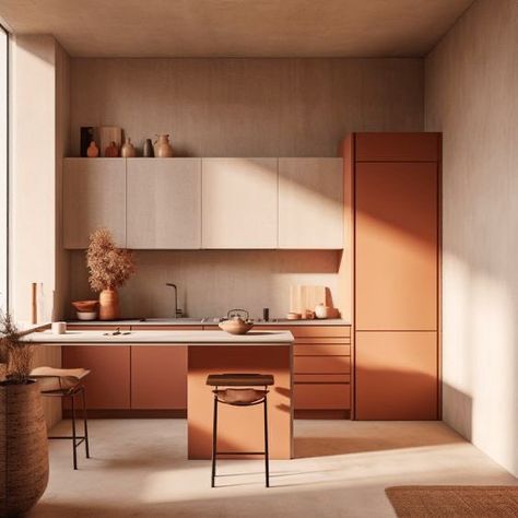 Warm Kitchen Colors, Eichler Kitchen, Kitchen Diner Lounge, Terracotta Kitchen, Earthy Kitchen, Retro Interior Design, Wood Interior Design, Hotel Room Design, House Furniture Design