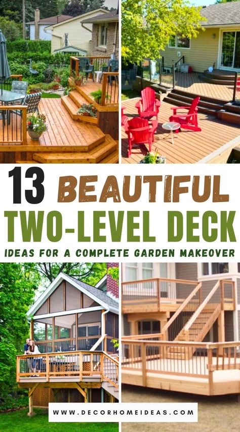 Discover 13 innovative designs for a two-level deck that will transform your outdoor space into a stunning retreat. From modern minimalist layouts to lush garden terraces, these ideas will inspire you to create a unique, functional, and beautiful two-level deck. Explore materials, lighting, and landscaping tips to elevate your deck's design. Two Level Deck Ideas, Contemporary Balcony, Garden Decks, Two Level Deck, Balcony Designs, Multi Level Deck, Tiered Deck, Deck Layout, Deck Makeover