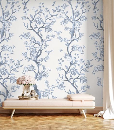 Tree Wallpaper Mural, Green Chinoiserie, Blossom Wallpaper, Cherry Blossom Wallpaper, Blue Chinoiserie, Wallpaper Floral, Chinoiserie Wallpaper, Distressed Texture, High Design