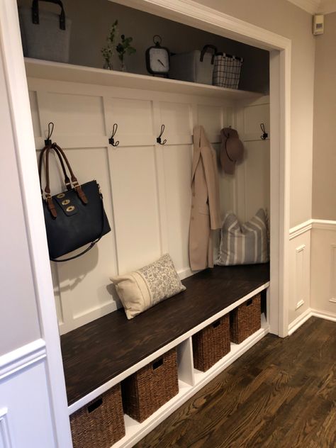 Enterance Closet Idea, Front Entry Way Cubbies, Front Porch Closet Ideas, Open Foyer Closet Ideas, Closet Into Mud Room Nook, Closet Turned Into Cubbies, Hall Closet Converted To Mud Room, Built In Mudroom Bench With Storage In Closet, Diy Closet Bench With Storage