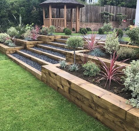 Decking With Steps, Terraced Garden Slope, Tiered Garden Ideas Sloped Yard, Tiered Garden Ideas, Tiered Yard, Sloped Garden Ideas, Stepped Garden, Sloping Garden Ideas, Backyard Hill