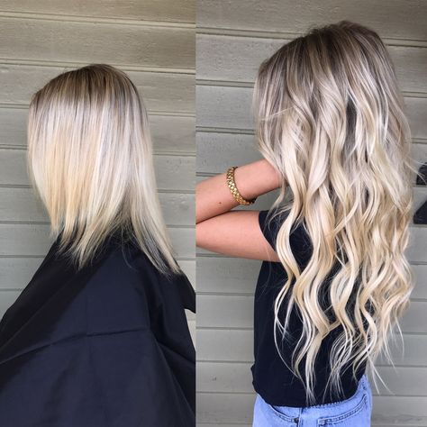 16 Inch Long Hair Extensions, Blond Extensions Before And After, Styled Hair With Extensions, Extension Hair Before And After, Curly Blonde Extensions, Blonde Hair Extensions Tape In, Fusion Extensions Before And After, Jz Styles Hair Extensions Colors, Blonde Hair Extension Ideas