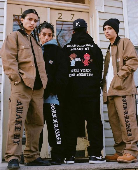 @bornxraised on Instagram: “BornxRaised and AwakeNY have teamed up with Carhartt WIP to reimagine the brands Chore Coat, Double knee pant, along with T-shirt and…” Clothing Shoot, Born X Raised, Streetwear Photoshoot, Awake Ny, Winter 22, Knee Pants, Carhartt Work In Progress, Chore Coat, Cool Outfits For Men