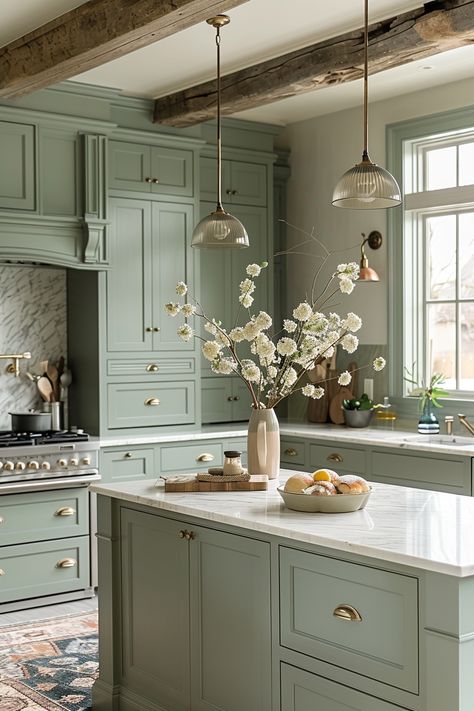 Aesthetic Green Kitchen, Green Kitchen Ideas Decor, Light Green Kitchens, Colours That Go With Green, Colourful Kitchen Cabinets, Full Wall Kitchen Cabinets, Colourful Cabinets, Coloured Kitchen Cabinets, Kitchen Ideas Modern Colour