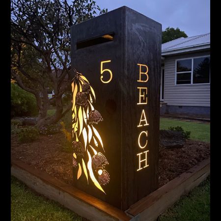 Letterbox - Iron Bark Metal Design Letterbox Ideas Modern, Metal Mailbox Ideas, Diy Letterbox, Metal Signage Exterior, Outdoor Signage Design, Rustic Letterbox, Wood And Metal Signage, House Signage, Corten Steel Letter Boxes