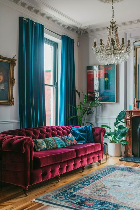 20 Modern Victorian Decor Ideas for Living Rooms Jewel Toned Living Room, Dramatic Living Room, Jewel Tone Living Room, Modern Victorian Decor, Colourful Lounge, Teal Living Room Decor, Cozy Apartment Living Room, Bedroom Wall Decor Ideas, Grey Sofa Living Room