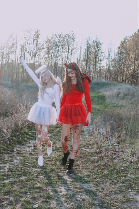 Angle And Devil Halloween Costumes Teen, Karneval Outfit, Angel And Devil Costume, Angel Y Diablo, Devil Halloween Costume, Twin Costumes, Angel Halloween Costumes, Twin Halloween, Halloween Costumes For Teens Girls