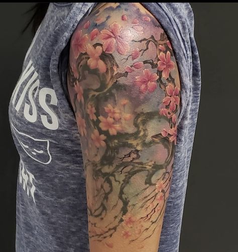 Cherry Blossom Tattoo Arm Half Sleeves, Cherry Blossom Tattoo Black Women, Forearm Cherry Blossom Tattoo, Cherry Blossom Thigh Tattoo, Cherry Blossom Arm Tattoo Sleeve, Cherry Blossom Tree Tattoo On Back, Cherry Blossom Forearm Tattoo, Tattoo Shading Ideas Backgrounds, Cheery Blossoms Tattoo