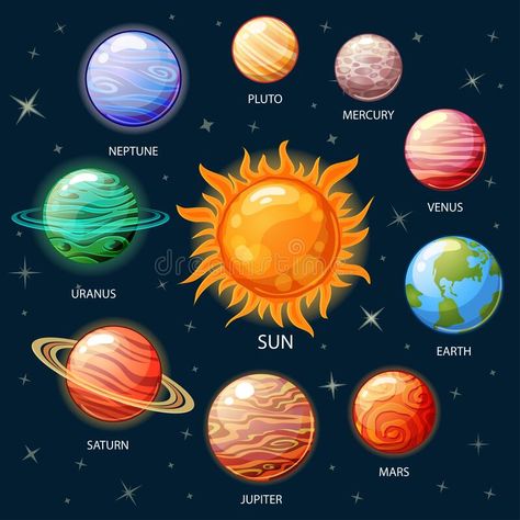 Planets of the solar system. Sun, Mercury, Venus, Earth, Mars, Jupiter, Saturn, Uranus, Neptune, Pluto stock illustration Solar System Mercury, Planets Around The Sun, The Planets Drawing, Pictures Of The Planets, Mercury Drawing Planet, Planets Drawing Solar System, Solar System Painting Easy, Mercury Planet Art, Sun In Solar System