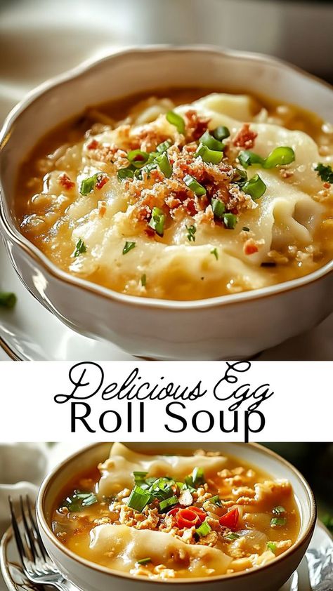 Enjoy Savory Egg Roll Soup for a cozy and unique meal! Made with ground pork, cabbage, and Asian-inspired seasonings, this soup is an easy way to enjoy egg roll flavors in a warm and comforting dish. Egg Rolls In A Bowl, Egg Roll Soup, Pork Cabbage, Easy Cabbage Rolls, Cabbage Roll Soup, Ramen Soup, Asian Soup, Christmas Menu, Egg Roll