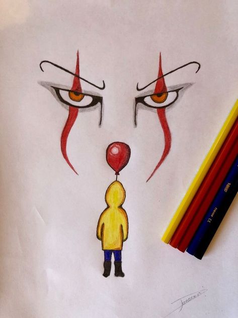 Drawing Pennywise, Pennywise Painting, Pennywise Georgie, Drawing Ideas Easy For Teens, Balloon Pumpkin, Chucky Drawing, Easy Halloween Drawings, Cute Halloween Drawings, Easy Pencil Drawings