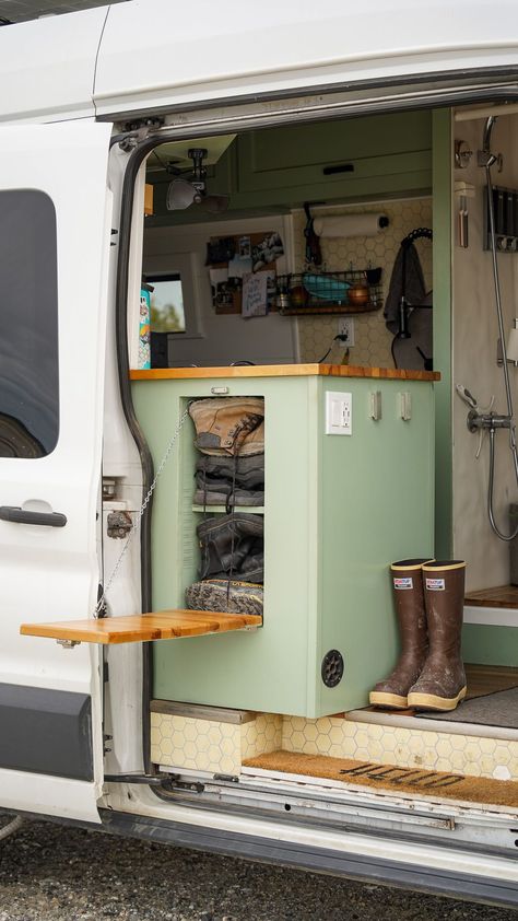 fold-out-table-with-hidden-shoe-storage Build Shoe Storage, Van Life Hacks, Small Camper Vans, Van Life Blog, Diy Van Conversions, Shoe Cubby, Camper Van Life, Van Storage, Van Conversion Interior