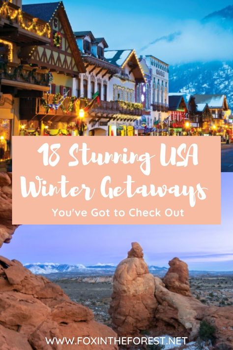 The top places to go in the USA in winter. Amazing winter getaways in the USA that are absolutely stunning. Winter Birthday Trip Ideas, December Weekend Getaway, Winter Vacation Destinations, January Vacation Destinations, January Travel Destinations Usa, Winter Cabin Vacation, Family Weekend Getaway Ideas, Best Places To Travel In Us In December, Best Places To Visit In December Usa