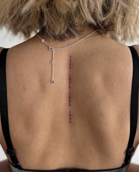 Spine Number Tattoo, Last Name Spine Tattoos, Dates Down Spine Tattoo, Date Spine Tattoo, Perspective Spine Tattoo, Coordinates Spine Tattoo, Morse Code Spine Tattoo, Script Hip Tattoos Women, Number Spine Tattoo