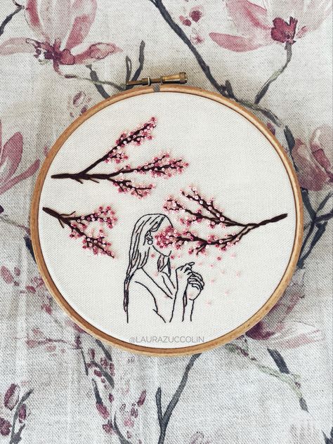 Cherry Blossom Branch Embroidery, Cherry Blossom Embroidery Design, Cherry Blossom Embroidery Pattern, Cherry Blossom Embroidery, Blossom Embroidery, Hand Stitching Techniques, Embroidered Hair Bows, Modern Embroidery Kit, Embroidery Stitches Beginner