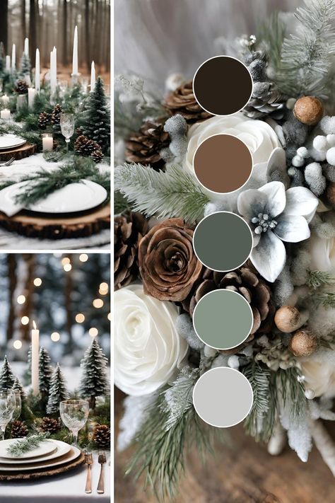 10 Enchanting Winter Wedding Themes: Inspiring Color Ideas, Decor, Favors, and More - Francisca's Bridal Christmas Wedding Colors Schemes, Winter Wedding Schemes, Winter Wedding Decorations Wonderland, Pine Wedding Decor, Christmas Wedding Color Palette, Winter Night Wedding, Winter Wedding Colour Schemes, Winter Wedding Colors Schemes, Christmas Winter Wonderland Theme