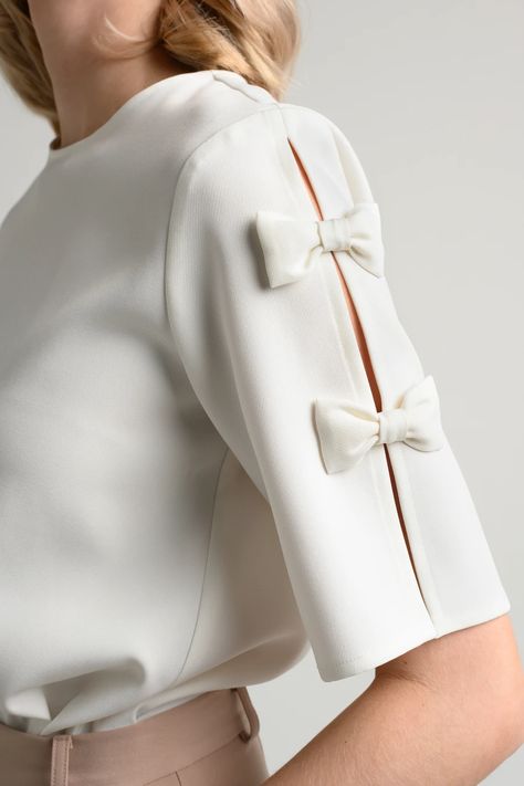 Luxury Blouse, Holiday 2024, Bow Shorts, Feminine Blouses, Sleeves Ideas, Petal Sleeve, Half Sleeve Blouse, Mini Bows, Bow Blouse